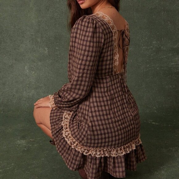 Coffee Brown Boho Women's Embroidered Plaid Mini Dress Coffee Brown Boho Women's Embroidered Plaid Mini Dress